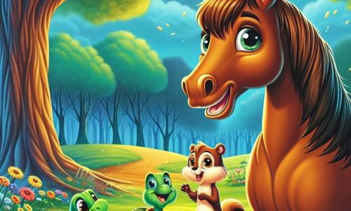 Un magnífico caballo castaño llamado Rayo, con un pelaje brillante y ojos chispeantes, se encuentra orgullosamente en el centro de la imagen, mostrando una expresión de determinación y alegría. A su lado, una pequeña tortuga llamada Tula, con un caparazón verde y ojos redondos y curiosos, lo mira con admiración. Un poco más lejos, una ardilla llamada Chispa, con un pelaje dorado y ojos llenos de esperanza, levanta las patas en el aire, expresando su gratitud. El decorado es un prado verde, salpicado de flores coloridas que bailan con la brisa, con un gran roble majestuoso al fondo. La escena captura el momento en que Rayo, Tula y Chispa celebran el descubrimiento de la valiosa nuez dorada, rodeados de la belleza natural del prado, simbolizando la amistad y la aventura.