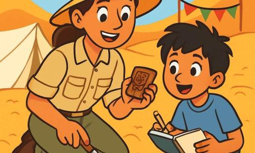 A female archaeologist, Dr. Maya Rao, is at the center of the image, with a look of wonder on her face. She wears a wide-brimmed straw hat, a beige shirt, and cargo pants, with her brown hair tied back in a ponytail. She is crouching, holding a trowel in one hand and a small piece of pottery in the other, her eyes shining with curiosity. Next to her is a boy named Ravi, about 10 years old, watching with fascination. He has messy black hair and wears a blue t-shirt and shorts. Ravi holds a sketchbook, ready to draw what he sees. The setting is an archaeological dig site in the Gujarat desert, with white canvas tents, colorful flags fluttering in the wind, and golden sand dunes stretching as far as the eye can see. Archaeological tools are scattered around them, and signs of digging are visible in the ground. The scene depicts Dr. Maya discovering an ancient clay seal, surrounded by fine sand, while Ravi takes notes, both immersed in the excitement of discovery.