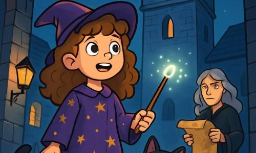 A young apprentice witch, Ivy Thistledown, stands at the foot of an imposing Clocktower, her eyes shining with excitement and apprehension. She has curly light brown hair and wears a purple velvet dress adorned with golden star patterns. In her hand, she holds a willow wand, sparkling with a luminous opal. Beside her, Bramble, her black cat with piercing green eyes, rubs against her leg, ready to accompany her on this adventure. In the background, Mistress Sable, a woman in her fifties with silver hair and a dark dress, watches Ivy with a serious expression, holding an ancient scroll map. The place is bathed in silver moonlight, the stone cobblestones are damp and shiny, and flickering lanterns cast dancing shadows on the Clocktower's stone walls. Ivy is preparing to take on an important challenge: to retrieve the stolen Heartstone, as time is running out and the fate of Wyrmbridge is at stake.
