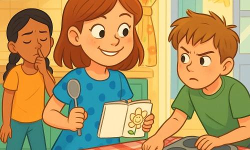 A mischievous 10-year-old girl, Mia, with rosy cheeks and bright eyes in a blue polka-dot dress holds an open sketchbook and a metal spoon, while Leo, about 9, tousled light-brown hair and a curious, squinting detective expression, leans over and points at an empty muffin tin to Mia's right; Zara, about 9 with black braided hair and a amused serious look, stands behind the table to Mia's left sniffing like she's searching for cinnamon; little Ollie, about 5 with blond hair, runs in the doorway in the background with hair in motion and an innocent expression; the bright kitchen has glossy surfaces, pale yellow tiles, a light wood table with a red-and-white checkered cloth, crumbs and two muffins left on a plate, and a sunny window with a floral curtain; the scene is joyful, colorful, with clean lines and simple shapes in a child-friendly vector style.