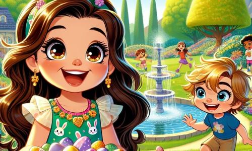 An 8-year-old girl, Lily, with long brown hair and sparkling eyes, is at the center of the image. She wears a colorful dress adorned with bunny patterns and holds a treasure map, displaying a big excited smile. Next to her, her 5-year-old brother Max, with messy blonde hair and a blue t-shirt, looks in wonder at a large box filled with chocolate eggs. The setting is a sunny park filled with vibrant flowers and lush trees. In the distance, a majestic oak tree and a pretty fountain can be seen where children are playing. The scene captures the moment Lily explains the rules of the Easter egg hunt to her friends, surrounded by colorful eggs hidden in the grass, while laughter and joyful shouts resonate around them.