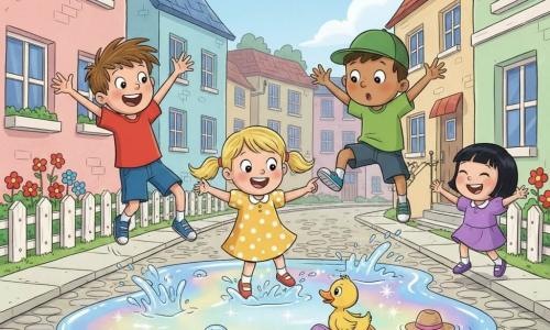 Four children and a funny yellow duck in a sunny village alley with pastel houses and cobblestones: a messy-haired 7-year-old boy in a red T-shirt and blue shorts jumps laughing on a sparkling magical puddle at the left with arms open; a 6-year-old blonde girl in a yellow polka-dot dress at the center touches the puddle and smiles; a tanned 7-year-old boy in a green cap on the right springs like on a trampoline; a 5-year-old girl with short black hair and a purple dress stands a bit back laughing at the duck. The pudgy orange-billed duck slides down a tiny rainbow slide formed by the puddle. The shimmering puddle bounces like a trampoline, makes playful shapes and small smiling waves. Bright, tender, humorous scene with round expressive features and exaggerated smiles under a light blue sky with fluffy clouds.