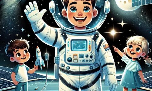 Een astronaut genaamd Tom, met een brede glimlach en sprankelende ogen, zweeft in de ruimte. Hij draagt een witte ruimtepakken met blauwe accenten en een doorzichtige helm die de sterren weerspiegelt. Tom maakt een vriendelijke handgebaar, alsof hij kinderen op aarde groet. Dichtbij kijken kinderen van verschillende leeftijden, een 8-jarig jongetje met rommelig bruin haar en een 7-jarig meisje met blonde vlechten, vol verwondering naar Tom. Het jongetje houdt een klein raketmodel vast, terwijl het meisje naar de sterren wijst, gefascineerd. De scène speelt zich af in de uitgestrektheid van de ruimte, met een zwarte achtergrond vol fonkelende sterren en een grote, stralende maan. Op de achtergrond is een futuristisch ruimtestation te zien, met zonnepanelen en knipperende lichten. Tom de astronaut zweeft vrolijk in de ruimte, groet de kinderen die hem vanaf de aarde observeren, wat een magisch moment van verbinding creëert tussen de ruimte en de nieuwsgierigheid van de kinderen.