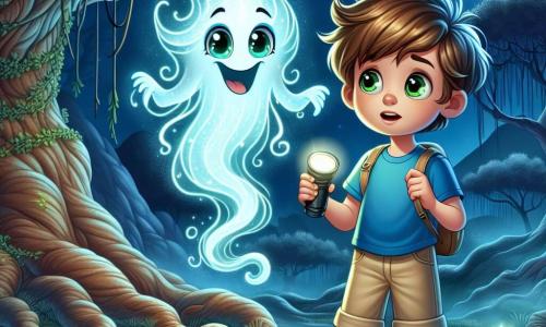 A 9-year-old boy named Oliver stands at the center of the scene, with messy brown hair and sparkling green eyes filled with excitement. He wears a blue t-shirt and beige shorts, holding a flashlight in one hand and a small backpack in the other, his face showing curiosity mixed with slight apprehension. Next to him, a glowing spirit, representing one of the echoes of Shadow Hollow, floats in the air. This spirit has an ethereal appearance, with flowing shapes and pastel colors, seemingly smiling and guiding Oliver kindly. The setting is an enchanted clearing in the heart of the Whispering Woods, where a majestic ancient oak tree with gnarled roots and shimmering leaves stands tall. Moonlight filters through the branches, creating a play of shadows and light, while luminescent flowers surround the tree trunk. The main situation shows Oliver, determined and ready to face the mysteries of the woods, as he prepares to place magical artifacts at the base of the tree to free the trapped echoes.