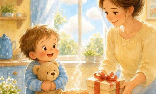 Un băiețel de 2 ani, păr șaten deschis zburlit, obraji roșii, privire uimită și zâmbet larg, ține un ursuleț de pluș bej la piept; mama de circa 30 de ani, păr brun prins în coc și chip blând, pune lângă el pe masă o cutie cadou cu fundiță roșie; pe masa din lemn deschis se află un mic tort sau clătite aburinde pe o farfurie albă; bucătăria luminoasă, pereți galben pal și fereastră cu perdele cu buline albastre, afară nori albi pufoși; scena înfățișează un dimineață de aniversare caldă și luminoasă.