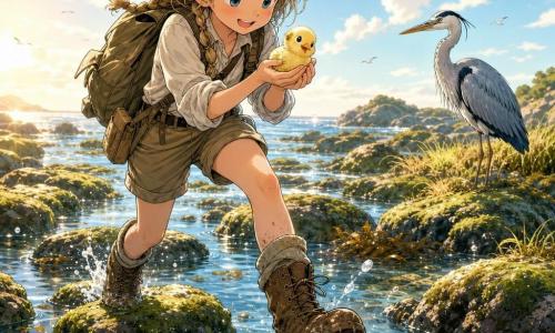 A young girl explorer, smiling yet focused, in an oversized straw hat, khaki backpack, rolled-sleeve shirt and muddy boots, carefully carries a small fluffy yellow chick while stepping across mossy rocks and shallow pools with clear sparkling water, orange starfish and brown seaweed; an adult gray-blue heron watches from marshy grass to the right as golden morning light creates reflections and tiny droplets around her cautious steps.