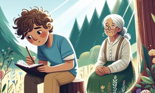 Um garoto de 12 anos, Lucas, com cabelos castanhos e cacheados, olhos expressivos e tristes, está sentado sob uma jovem árvore, com os ombros curvados. Ele usa uma camiseta azul e um short bege, segurando um caderno nas mãos, no qual escreve uma carta. Ao seu lado, sua avó, uma mulher idosa com cabelos grisalhos e um sorriso suave, o observa com carinho, sentada sobre um tronco de árvore, com as mãos apoiadas nos joelhos. O local é uma clareira ensolarada, cercada por grandes árvores verdes, com flores coloridas que dançam ao vento, criando uma atmosfera pacífica, mas melancólica. A situação principal mostra Lucas escrevendo uma carta para seu amigo falecido, buscando conforto e honrando a amizade perdida.