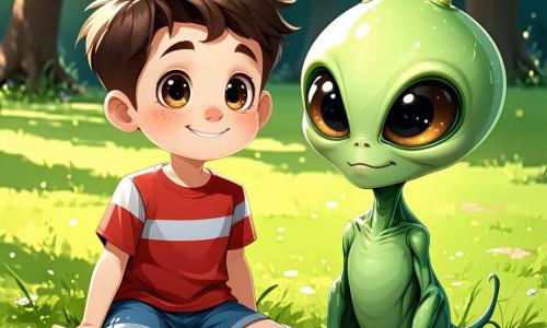Um menino de 6 anos, Tico, com cabelos castanhos bagunçados e olhos brilhantes de curiosidade, está sentado na grama verde de um parque ensolarado. Ele usa uma camiseta vermelha listrada e um short azul, com um grande sorriso no rosto, mostrando seu encantamento. Ao seu lado, um extraterrestre chamado Zulu, que mede cerca de um metro de altura, tem pele verde brilhante, grandes olhos redondos e antenas que dançam alegremente. Zulu está segurando um prato de Flutu-Fru luminoso, com cores vibrantes que brilham sob o sol. O parque está cheio de flores coloridas, árvores majestosas com folhas douradas e uma pequena lagoa onde patos nadam tranquilamente. O céu é azul com algumas nuvens brancas fofas, e crianças brincam ao longe em balanços. A cena principal mostra Tico e Zulu compartilhando um piquenique alegre, rindo juntos enquanto saboreiam comidas de seus respectivos mundos, criando um momento mágico de amizade intergaláctica.