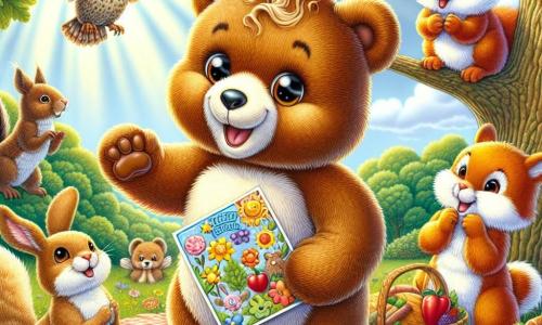 Een jonge teddybeer met zachte, bruine vacht en grote, sprankelende ogen houdt een kleurrijke kaart in zijn pootjes, met een brede glimlach van trots en liefde. Naast hem springt een klein konijntje met lange oren en een witte vacht van blijdschap, zijn voorpootjes in de lucht. Een eekhoorn met rood haar, zittend op een tak, applaudisseert met een blije uitdrukking, terwijl een wijze uil met bruine veren en grote ronde ogen hen met een vriendelijke glimlach observeert, zittend op een nabijgelegen tak. De scène speelt zich af onder een grote majestueuze eik, met zonnestralen die door de bladeren filteren en een tapijt van kleurrijke bloemen en groen gras verlichten. Op de grond ligt een grote deken vol picknicklekkernijen, wat een feestelijke en warme sfeer creëert. In deze illustratie toont de jonge beer trots zijn handgemaakte kaart aan zijn papa, omringd door zijn vrienden, terwijl ze samen Vaderdag vieren, vol vreugde en liefde.