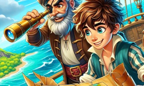 Ein alter Pirat, ein etwa 60-jähriger Mann mit einem struppigen grauen Bart und einem abgenutzten Piratenhut, steht auf dem Deck seines kleinen Schiffs "La fliegende Muschel". Sein Gesicht zeigt Entschlossenheit und Aufregung, während er mit einem alten Teleskop den Horizont absucht. Neben ihm steht ein 20-jähriger junger Mann namens Felix, mit zerzausten braunen Haaren und einem strahlenden Lächeln, der eine Schatzkarte hält und mit glänzenden Augen begeistert darauf zeigt. Der Ort ist ein tiefblaues Meer unter einem sonnigen Himmel mit ein paar weißen Wolken. In der Ferne zeichnet sich eine grüne Insel ab, umgeben von funkelnden Wellen und bunten Korallenriffen, die eine abenteuerliche Atmosphäre schaffen. Die Hauptsituation zeigt den Piraten und den jungen Mann, die sich auf ihre Schatzsuche vorbereiten, während das Schiff über die Wellen segelt, bereit, die Geheimnisse des Meeres zu entdecken und den legendären versteckten Schatz zu finden.