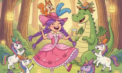 Prinzessin Lila, etwa 10 Jahre, fröhlich und schelmisch, violette Zöpfe, rosa Rüschkleid und Hut mit blauen Federn, lacht und tanzt in der Lichtung mit einem Glas Limonade; Kasimir, kleines sprechendes Eichhörnchen (Tier ~2 Jahre), rötlich, lebhafte Augen, sitzt am Hutrand und gestikuliert wie bei einem Witz; Drago, großer grüner Drache, männlich, glänzende Schuppen, vom Schlummer zum fröhlichen Ausdruck, trägt einen Hut aus Blättern und Blumen und rollt sich lächelnd hinter ihr; mehrere bunte Einhörner mit Regenbogenmähnen und lustigen kleinen Hüten (eines karottenförmig) umgeben die Gruppe, traben und klatschen mit den Hufen; Szene in einer Lichtung des Einhornwalds mit gedrehten Baumstämmen, pastellfarbenen Blättern, Lichterketten, grünem Gras mit leuchtenden Blumen und schwebenden Laternen; Hauptsituation: Hutparade und fröhlicher Tanz, festliche Stimmung, kräftige Farben, überzeichnete Bewegungen und gut lesbare Gesichtsausdrücke, kindlicher humorvoller Stil, warmes Spätnachmittagslicht.