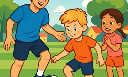 Een man, Mark, staat op een groen voetbalveld, straalt van vreugde en trots. Hij heeft lichtgolvend bruin haar, een warme glimlach en draagt een blauw voetbalshirt met een zwarte short. Hij laat de kinderen zien hoe ze met de bal moeten dribbelen, met een dynamische en betrokken houding. Naast hem probeert een jongen genaamd Tom, ongeveer 10 jaar oud, met zijn rommelige blonde haar en glinsterende ogen, om om Mark heen te dribbelen, geconcentreerd en vastberaden. Een meisje, Mia, ook 10 jaar oud, met bruine vlechten en een roze t-shirt, moedigt Tom aan met applaus. Het veld is omgeven door grote groene bomen, met een heldere blauwe lucht en enkele drijvende witte wolken. In de verte zijn gekleurde huizen van het dorp te zien. Deze scène vertegenwoordigt een moment van kameraadschap en leren, waar Mark de kinderen de basis van voetbal leert, allemaal lachend en vol energie, klaar om samen plezier te hebben.