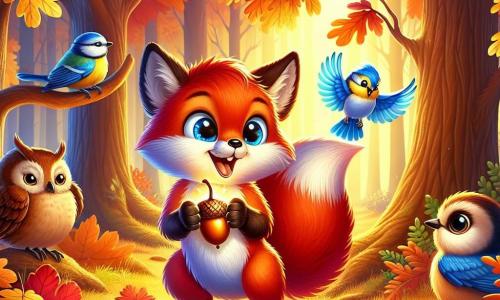 An illustration depicts a small, clever fox with bright red fur and a bushy tail, displaying a joyful and amazed expression. It stands on its hind legs, holding a shiny acorn in its small front paws, surrounded by colorful autumn leaves. Next to it, a cheerful blue tit with vibrant plumage and sparkling eyes flits around, singing happily. A wise owl with brown feathers and big round eyes perches nearby, observing the scene with a benevolent smile, ready to share its wisdom. The setting is an enchanted forest with majestic trees, their vibrant red, orange, and yellow leaves gently falling to the ground, which is carpeted with crunchy leaves. A soft ray of sunshine filters through the branches, creating a warm and welcoming atmosphere. The main scene shows the fox and its friends planting the shiny acorn in the ground, symbolizing friendship and the changing seasons. Sparkling streams wind through the landscape, and colorful mushrooms add a touch of magic to this autumn scene. Additional elements include decorative pumpkins, garlands of leaves, and a deep blue autumn sky dotted with fluffy white clouds, creating a festive and joyful atmosphere.