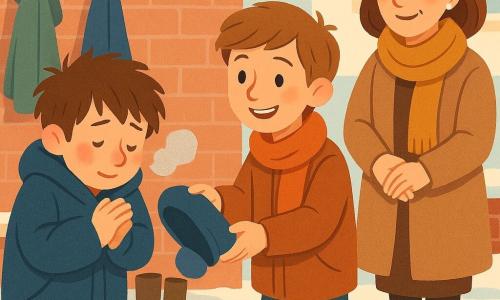Un ragazzo di 10 anni, sollevato e timido, guance arrossate e naso intinto dal freddo, capelli castani spettinati, indossa un grande cappotto blu navy troppo largo e si infila un berretto di lana blu con banda grigia; è leggermente piegato in avanti, mani fredde strette, volto espressivo e occhi dolci. Un altro ragazzo di circa 10 anni, Marco, dall'aria generosa e rassicurante, capelli castano chiaro, sorride togliendosi il berretto e lo porge a Tommaso, stando accanto a lui leggermente indietro con le spalle rilassate. Una donna adulta, la maestra Elena, sui 30–40 anni, dal volto benevolo, con cappotto color cammello e sciarpa senape, osserva la scena a pochi passi con le mani giunte e postura incoraggiante. Ambientazione: cortile della scuola in inverno con suolo bagnato, piccole pozzanghere, orme nella neve sottile, stivaletti e cappotti appesi, muro di mattoni rossi e panca imbiancata di neve. Situazione principale: scambio caloroso nel cortile gelato — Marco offre il berretto a Tommaso che lo riceve sorridendo, contrasto tra l'aria fredda nei toni azzurri e il calore umano sui volti e nella sciarpa della maestra.