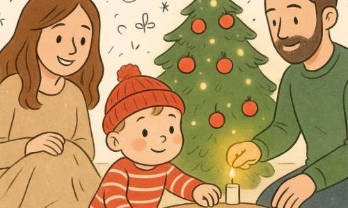 Un niño de 2 años, Leo, con mejillas redondas y rosadas, mira con asombro un árbol de Navidad iluminado. Lleva un pijama de rayas rojas y un gorro de lana. Su mamá, una mujer de unos 30 años con cabello castaño y una sonrisa cálida, está sentada a su lado, sosteniendo una manta suave. Ella está a la izquierda de Leo. Su papá, un hombre de unos 32 años con barba corta y un suéter verde, enciende una pequeña vela a la derecha de Leo. La sala es acogedora y está decorada para Navidad, con un gran árbol brillante adornado con bolas rojas y una estrella dorada en la cima. Guirnaldas luminosas centellean suavemente. La situación principal muestra a Leo extendiendo una galleta hacia un plato sobre una mesita, con una mirada curiosa y alegre.
