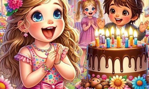 Una bambina di 6 anni, Sofia, con lunghi capelli biondi e occhi azzurri, brilla di gioia mentre soffia sulle candeline di una grande e deliziosa torta al cioccolato. Indossa un bel vestito rosa con motivi floreali colorati, e il suo viso è illuminato da un grande sorriso di eccitazione. Accanto a lei, il suo amico Marco, un ragazzo di 6 anni con capelli castani disordinati e occhiali rotondi, applaude con entusiasmo, i suoi occhi brillano di felicità. Giulia, un'altra amica di 6 anni, con capelli castani e due trecce, danza gioiosamente intorno a loro, indossando un cappello di festa colorato e ridendo. Lo sfondo è un giardino incantato, pieno di fiori multicolori che danzano al vento, con palloncini che fluttuano nell'aria e festoni di luci scintillanti appesi agli alberi. In lontananza, una grande tartaruga di cioccolato troneggia su un tavolo decorato con coriandoli. La scena principale mostra Sofia, circondata dai suoi amici, mentre soffia sulle candeline della sua torta di compleanno, mentre una luce magica scintilla attorno a loro, creando un'atmosfera festosa e gioiosa.