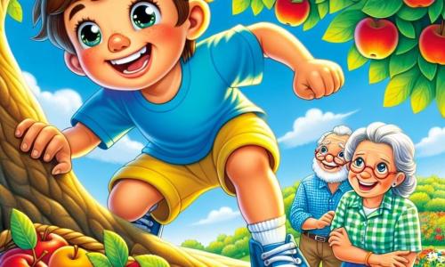 Un ragazzo di 6 anni, Lorenzo, con capelli castani disordinati e occhi pieni di curiosità, scala con entusiasmo un grande albero dalle foglie verdi brillanti. Indossa una maglietta blu vivace e un pantaloncino giallo, e il suo viso esprime una gioia contagiosa con un grande sorriso. Accanto a lui, la nonna, una donna anziana con capelli grigi raccolti e occhiali rotondi, lo incoraggia con un sorriso caloroso, tenendo un cesto pieno di mele rosse succose. In basso, il nonno, un uomo dal viso rugoso e dalla barba bianca, osserva con orgoglio, le braccia incrociate, indossando una camicia a quadri. Il luogo è un giardino soleggiato, pieno di fiori colorati e erba verde, con un cielo blu chiaro punteggiato di nuvole bianche soffici. La scena principale mostra Lorenzo che scala con eccitazione, pronto a scoprire il meraviglioso mondo che lo circonda, mentre i suoi nonni lo incoraggiano con amore.