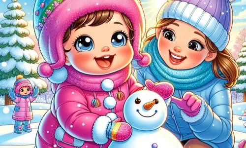 Een klein meisje van 3 jaar, Lila, met grote glanzende ogen en roze wangen, draagt een felroze sneeuwoverall, een muts met pompon en kleurrijke handschoenen. Ze glimlacht verwonderd met haar armen omhoog terwijl ze een sneeuwpop maakt in een winterlandschap. Naast haar helpt haar moeder, een vrouw van een dertiger met bruin haar in een knot en een blauwe jas, haar een grote sneeuwbal rollen, terwijl ze vrolijk lacht. Op de achtergrond schitteren met sneeuw bedekte bomen in de zon, en de lucht is helderblauw met pluizige witte wolken. De scène toont Lila en haar moeder die een sneeuwpop maken, met sneeuwvlokken die zachtjes om hen heen vallen, wat een magische sfeer toevoegt aan dit moment van gedeeld geluk.