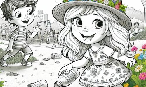 Ein kleines 6-jähriges Mädchen, Lilli, mit langen blonden Haaren und neugierigen Augen sammelt Müll in einem sonnigen Park. Sie trägt ein buntes Kleid mit Blumenmustern und einen kleinen Strohhut. Ihr Gesicht zeigt große Entschlossenheit und Freude, während sie eine Plastikflasche in der Hand hält. Neben ihr ermutigt ihr Freund Max, ein 6-jähriger Junge mit zerzausten braunen Haaren und einem gestreiften T-Shirt, sie mit einem breiten Lächeln. Er hockt sich und hebt ein Stück Papier auf, während er Lilli bewundernd ansieht. Der Park ist voller großer grüner Bäume, bunter Blumen und eines Kiesweges. In der Ferne spielen Kinder auf einer Schaukel und Vögel singen in den Ästen. Die Hauptsituation zeigt Lilli und Max in Aktion, entschlossen, ihre Nachbarschaft sauberer zu machen, umgeben von Müll, den sie in Kunstwerke verwandeln, was ihr Engagement für Ökologie und Naturschutz verdeutlicht.