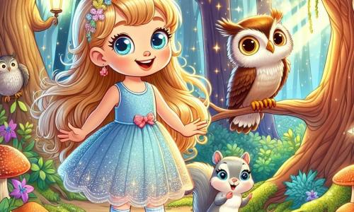 A 5-year-old girl named Lily, with long golden hair and sparkling curious eyes, stands at the center of the scene. She wears a pretty blue dress and red shoes, her face radiating joy and excitement as she smiles widely. Beside her is a small gray squirrel named Twinkle, with mischievous eyes, climbing a tree branch and pointing the way with a tiny paw. In the background, a wise old owl, Big Old Owl, with brown feathers and round eyes, watches them kindly from a branch of a majestic tree. 

The setting is an enchanted forest, where trees with shimmering leaves dance gently in the breeze, and colorful flowers bloom around them, creating a magical and bright atmosphere. Sunlight filters through the branches, casting soft shadows on the moss-covered ground.

The main situation shows Lily, full of enthusiasm, approaching a mysterious cave, where a glowing light catches her attention. She is ready to discover the Glimmering Stone, surrounded by the magic of the forest and her friends.