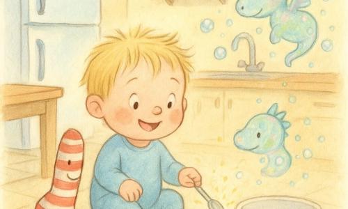 A smiling, wide-eyed 2-year-old boy named Max with tousled blond hair and rosy cheeks sits in the center of a cozy, sunlit kitchen wearing a pale blue onesie and striped socks; he taps a shiny teaspoon on the floor and sends out tiny animated golden sparks that awaken Sir Sock, a white-and-red striped talking sock with a stitched smile and a star-fiber on its heel standing like a knight to his left and pointing at a large empty bowl, while a translucent iridescent soap-bubble dragon with a foamy crest floats above the sink to the right, releasing small bubbles like confetti; the scene is whimsical and comforting with light contrasts, patterned beige tile floor, light wood table, an ajar white fridge emitting a pale blue chill, colorful cereal boxes on shelves and a silver kettle on the stove.