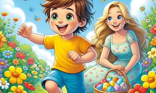 A 4-year-old boy named Max, with messy brown hair and sparkling joyful eyes, is running in a flower garden. He wears a bright yellow t-shirt and blue shorts, smiling widely with his arms open as if trying to catch a butterfly. His mother, a woman in her 30s with long blonde hair, sits on the green grass surrounded by colorful flowers. She wears a light floral-patterned dress and looks at Max with a tender smile, holding a basket filled with colored eggs beside her. The garden is a magical place filled with vibrant flowers in red, yellow, and blue, with butterflies flying around. The sky is a light blue dotted with fluffy white clouds. The main scene shows Max joyfully chasing a butterfly while his mother encourages him and admires the flowers around them.