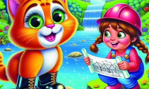 Um Gato de Botas travesso, com pelagem laranja vibrante e botas pretas brilhantes, está em uma pedra à beira de um rio cintilante. Seus grandes olhos verdes brilham de curiosidade e entusiasmo. Ao seu lado, uma menina de 10 anos, chamada Mariana, com cabelos castanhos trançados e usando um capacete de obra rosa, observa atentamente um plano de construção que segura nas mãos. Ela sorri com determinação, pronta para realizar seus sonhos. Ao fundo, uma paisagem encantadora se desenrola: colinas verdes, flores coloridas e um céu azul salpicado de nuvens brancas fofas. A cena principal mostra o Gato de Botas e Mariana, unidos em sua busca por igualdade, conversando alegremente sobre seus planos de construir pontes para unir as pessoas.