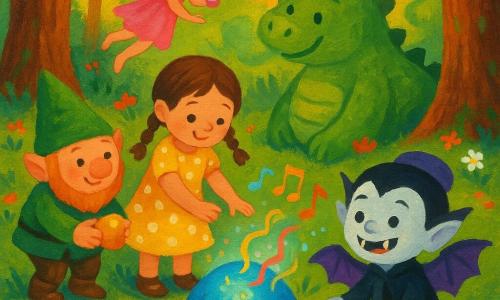 Vito é um pequeno vampiro menino, alegre e tímido, pele pálida, asas curtas violetas e chapéu redondo, sorrindo com dentes pontiagudos e batendo levemente as asas, sentado à frente à direita; Nina é uma menina de 7 anos, curiosa e sorridente, cabelos castanhos em duas tranças, vestido amarelo com bolinhas brancas, tocando uma pedra azul brilhante no centro; Lila é uma fada magra com asas rosa translúcidas e vestido leve rosa, voando sobre o círculo e segurando uma pequena pedra cor-de-rosa; Tomé é um duende atarracado com chapéu pontudo verde, agachado à esquerda, trazendo uma pedra dourada e olhando para a pedra azul; Dudu é um pequeno dragão verde, rechonchudo, de olhar terno, exalando uma fumaça verde com perfume de menta, deitado atrás de Nina protegendo o grupo; o cenário é um bosque mágico com chão macio, relva verde salpicada de flores, troncos com musgo e raios de sol dourados filtrando entre as folhas; todos formam um círculo em torno da grande pedra azul que emite luz suave e notas musicais visíveis como pequenas ondas coloridas, atmosfera acolhedora, cores vivas, traços arredondados e sensação de amizade e partilha.