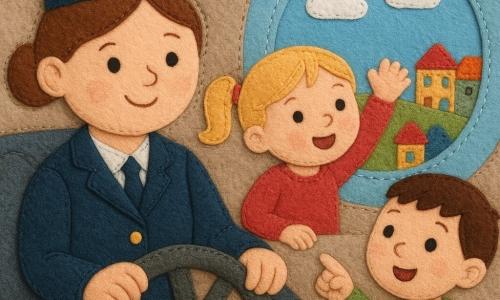 Uśmiechnięta pilotka o okrągłej twarzy, brązowe włosy związane w koczka, granatowy mundur z złotymi guzikami, ręce na dużej kierownicy kokpitu, spojrzenie pewne i życzliwe; dziewczynka Zosia ok. 4 lat, blond włosy w kitce, rozradowana i zachwycona, siedzi przy oknie, macha ręką na zewnątrz; chłopiec Franek ok. 6 lat, krótkie brązowe włosy, szeroko otwarte oczy, siedzi obok Zosi i wskazuje palcem miniaturowe domki widoczne przez okno; kokpit i kabina przedstawione jako warstwy tkanin: haftowane tablice przyrządów z przyszytymi guzikami, zielone wskaźniki z koralików, okrągłe okna z filcu; niebo przez OKno jasnoniebieskie, małe białe chmurki z waty, kolorowe domki poniżej jak patchwork; sytuacja: pilotka przygotowuje start, samolot zaczyna się unosić, radosna i bezpieczna atmosfera, pewne, spokojne gesty, dzieci spokojne i zachwycone.