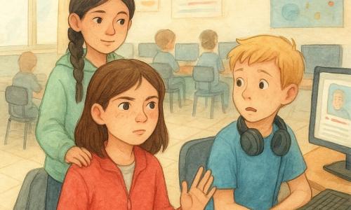 Hay 3 personajes: Inés, niña de 12 años, pelo castaño oscuro medio, pecas, chaqueta roja clara, de pie en primer plano junto a un ordenador, mirada decidida y mano levantada como para hablar con calma a Hugo; Mara, niña de 12 años, pelo negro en trenza, muleta apoyada en su silla, sudadera verde menta, sentada o semi de pie detrás y a la izquierda de Inés, expresión amable y solidaria mirando a Hugo; Hugo, niño de 12 años, pelo rubio corto, camiseta azul, sentado ante un ordenador a la derecha del encuadre con auriculares al cuello, rostro sorprendido y algo avergonzado, en la pantalla se ve el cursor y una miniatura de un vídeo burlón. Ambiente: sala de informática escolar con filas de mesas y ordenadores, sillas de plástico, posters coloridos, luz suave por una gran ventana a la izquierda y suelo de baldosas; situación: escena calmada y tensa: Inés dice con voz serena que un vídeo es hiriente, Mara la apoya en silencio y Hugo baja el volumen mientras otros alumnos al fondo se vuelven, curiosos pero respetuosos; paleta: acuarela en tonos pastel cálidos (rojo, menta, azul) con lavados suaves y trazos delicados.