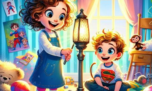 A 10-year-old girl, Lucy, with curly brown hair and a big amazed smile, is sitting on the floor in a messy room, surrounded by scattered toys and colorful cushions. Next to her, her twin brother, Max, also 10, with messy blonde hair and sparkling eyes, holds a shiny old metal lamp post, looking curious and excited. The room is filled with soft light, with pastel blue walls and superhero posters hanging. A large fluffy rug covers the floor, and a sunbeam brightens the scene, creating a warm and joyful atmosphere. In this main situation, Lucy and Max are discovering a mysterious lamp post, surrounded by colorful balloons floating in the air, while a mischievous little monkey, Charlie, hangs onto the curtain rod, ready to cause trouble.