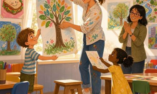 Adult woman Maya, about 35, brown hair in a ponytail, paint-stained smock, gentle focused smile, standing on a small wooden step stool holding a large colorful tree drawing while applying tape; boy about 7 with freckles and a striped T-shirt stands on tiptoe left of Maya helping hold the lower corner; shy 5-year-old girl with pigtails in a yellow dress offers a pencil drawing from a table on the right; adult teacher about 30 with glasses and a khaki jacket stands behind Maya near a window smiling and softly applauding; setting: sunlit school cafeteria with large windows and light curtains, long light-wood tables, colorful chairs, white walls decorated with bright drawings and paper garlands; main action: Maya carefully hangs a series of drawings at the window edge with children assisting, warm collaborative atmosphere, visible precise gestures (taping, smoothing corners) and a small stool and cushion on the floor for back comfort.