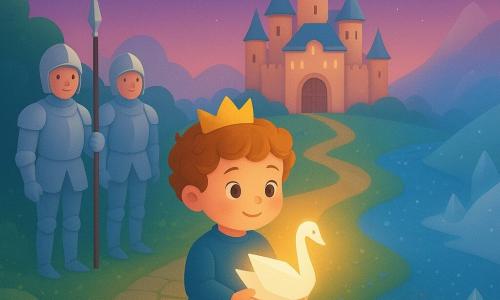 A little prince (boy), about 4, round face, light chestnut curly hair, large curious eyes and a gentle concentrated smile, holds a glowing letter folded like a swan against his chest while a small bright paper swan-letter floats above his hand as he walks toward three shimmering paths: a mossy forest path with emerald sparkles to the left, a lake path lined with bluebells and water reflections in the center, and a misty mountain path with bright crystals to the right; two guards in polished silver armor stand in the left background with hands on their lances and kind expressions, the courtyard paved with ancient mossy stones, a castle behind with towers and silver roofs reflecting the moon and large carved wooden doors open, a soft violet twilight sky with early stars, overall a gentle magical discovery mood with saturated pastels, smooth textures and rounded shapes suited for young children.
