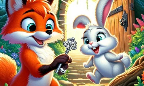A fox named Felix, with bright orange fur and a bushy tail, looks on with sparkling eyes of excitement, holding a shiny key in his front paws. Next to him, Bella, a small bunny with big ears and white fur, joyfully hops, her nose twitching with enthusiasm. They are in front of an ancient wooden door, hidden in the roots of a majestic oak tree, surrounded by colorful flowers and rays of sunlight filtering through the leaves. The scene exudes an atmosphere of adventure and mystery as Felix and Bella are about to discover the hidden treasure behind the door.