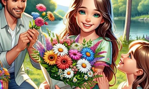 Una niña de 8 años, con largos cabellos castaños y ojos brillantes de alegría, sostiene un ramo de flores coloridas en sus manos. Lleva un vestido ligero con flores, y su rostro irradia emoción y amor. A su lado, su mamá, una mujer de unos 35 años con cabello castaño y una cálida sonrisa, está sentada sobre una manta de picnic, admirando el ramo con lágrimas de felicidad en los ojos. El papá, un hombre de unos 40 años con barba suave y gafas, está detrás de ellos, sonriendo orgullosamente y sosteniendo una cometa colorida lista para ser lanzada. El lugar es un parque verde, lleno de grandes árboles con hojas brillantes y flores silvestres que bailan al viento. Un lago brillante se encuentra al fondo, reflejando el cielo azul y las nubes blancas. La situación principal muestra a la niña ofreciendo su ramo a su mamá por el Día de la Madre, rodeada de risas y amor, mientras el sol brilla suavemente, creando una atmósfera cálida y alegre.