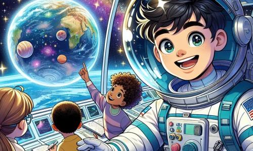 Un astronauta di nome Marco fluttua con un grande sorriso sul viso, gli occhi scintillanti di eccitazione. Indossa una tuta spaziale bianca e blu, con un casco trasparente che riflette le stelle. Marco è circondato da bambini di età compresa tra 8 e 10 anni, tutti meravigliati dalla bellezza dello spazio. Luca, un ragazzo con capelli ricci e occhiali, indica un pianeta colorato attraverso la finestra, mentre Sofia, una ragazza con trecce e un grande sorriso, tiene un piccolo quaderno per prendere appunti. Si trovano nel modulo di controllo della stazione spaziale, dove schermi luminosi mostrano dati e immagini della Terra. Il luogo è una sala futuristica della stazione spaziale "Stella Infinita", con muri argentati e finestre panoramiche che offrono una vista mozzafiato sull'universo. Marco spiega ai bambini le meraviglie dello spazio, mostrando loro come gli astronauti vivono e lavorano in assenza di gravità, condividendo la sua passione per l'esplorazione spaziale.