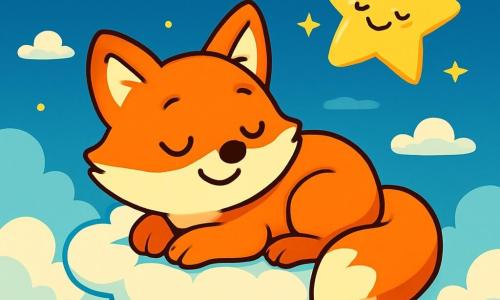 Een kleine vos met feloranje vacht, grote glanzende ogen en een serene glimlach ligt op een zacht, katoenachtig wolkje, met zijn pootjes onder zich gevouwen. Hij lijkt vredig en ontspannen, ademend in een rustig tempo, met een gelukkige uitdrukking op zijn gezicht. Naast hem zweeft een kleine gouden ster, glimlachend en fonkelend, in de lucht, die de scène verlicht met zijn zachte licht. Ze lijkt vrolijk en waakt over de vos, terwijl ze zachtjes om hem heen danst. De lucht is diepblauw, bezaaid met witte, pluizige wolken, terwijl daaronder groene bergen en weelderige bossen zich uitstrekken tot aan de horizon. De scène is rustig en kalmerend, met pastelkleuren die sereniteit oproepen. De vos laat zich wiegen door de zachtheid van zijn wolk, ademend in alle rust, terwijl de ster op hem waakt, wat een dromerige en rustige sfeer creëert.