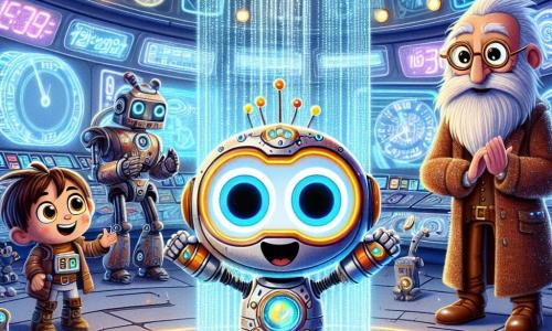 Zippy, un piccolo robot dalle forme arrotondate e colorate, con occhi brillanti e un sorriso entusiasta, si trova al centro della scena, con le braccia alzate in segno di vittoria, circondato da luci scintillanti. Alla sua destra, il Dottor Chronos, un robot antico con una lunga barba di fili metallici e occhiali rotondi, osserva con orgoglio, un sorriso benevolo sul viso. A sinistra, due viaggiatori del tempo, uno con una tuta futuristica e l'altro in armatura medievale, mostrano espressioni di sorpresa e ammirazione, guardando Zippy con rispetto. La scena si svolge in una sala futuristica piena di schermi olografici e macchine del tempo, dove luci lampeggiano e grafici di diverse epoche vengono proiettati sulle pareti. Sullo sfondo, una grande macchina del tempo brilla, pronta a trasportare i personaggi verso nuove avventure. La situazione principale mostra Zippy, vittorioso dopo aver salvato la storia, mentre gli altri personaggi lo applaudono, celebrando il loro successo nella protezione del passato.