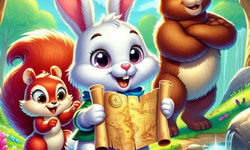 Un pequeño conejo de grandes orejas, con un pelaje blanco brillante y ojos chispeantes de curiosidad, sostiene un viejo pergamino en sus patas, mostrando una expresión de emoción y asombro. A su lado, una pequeña ardilla de pelo rojizo, con una cola esponjosa y ojos brillantes, salta de alegría, con sus patitas levantadas hacia el cielo, llena de entusiasmo. Un robusto oso pardo, con una cálida sonrisa y ojos suaves, se encuentra detrás de ellos, con los brazos cruzados, mostrando una expresión de orgullo y determinación. La escena tiene lugar al borde de un arroyo brillante, rodeado de flores coloridas y árboles verdes, bajo un cielo azul radiante. Los tres amigos descubren un antiguo tesoro escondido en el mapa, listos para embarcarse en una gran aventura hacia la Montaña Mágica, llenos de emoción y promesas de descubrimientos.