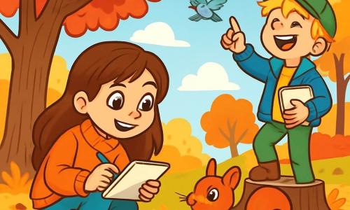 Een 10-jarig meisje, Anna, met lange bruine haren en sprankelende nieuwsgierige ogen, zit in een park met schitterende herfstbladeren, glimlachend en verwonderd. Ze draagt een oranje trui en rubberen laarzen, en ze observeert aandachtig een kleine eekhoorn met levendige ogen die hazelnoten verzamelt bij een grote eik. Dichtbij staat een 10-jarige jongen, Lucas, met messy blond haar en een groene pet, op een boomstronk, lachend en wijzend naar de vogels die boven hen vliegen. Hij houdt een schetsboek in zijn hand, klaar om te tekenen wat hij ziet. Het park is gevuld met majestueuze bomen met rode, gele en oranje bladeren, en de grond is bedekt met een dikke laag knisperende bladeren. In de verte is een heldere blauwe lucht met donzige witte wolken te zien. De hoofdscène toont Anna gefascineerd door de natuur, notities makend in haar notitieboek terwijl ze het leven om haar heen observeert, terwijl Lucas zich vermaakt met het tekenen van de dieren en de levendige kleuren van de herfst.