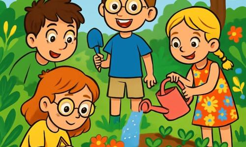 Er zijn 4 kinderen: - Sam: een 11-jarig jongen met kastanjebruin haar en ronde bril. Hij draagt een blauwe t-shirt en een beige short, en houdt een kleine plastic schep vast. Hij staat in het midden, enthousiast lachend. - Noor: een 8-jarig meisje met gevlochten blond haar en een kleurrijke bloemenjurk. Ze staat rechts van Sam en giet water op een plant met een roze gieter. - Daan: een 10-jarig jongen met messy bruin haar en een groene t-shirt. Hij staat links van Sam en kijkt verwonderd naar een kleine lieveheersbeestje op een blad. - Zoë: een 9-jarig meisje met rood haar en een bril. Ze draagt een gele t-shirt en een spijkerbroek, en zit voor een bloempot, insecten tekenend in haar notitieboek. De locatie is een mooie zonnige tuin, vol met weelderige groene planten, kleurrijke bloemen en een groot stuk aarde waar de kinderen groenten hebben geplant. Er is een blauwe lucht met enkele donzige witte wolken en een grote boom op de achtergrond die schaduw biedt. De situatie toont de kinderen die samen in de tuin werken, lachend en elkaar helpend met het water geven van de planten en het observeren van insecten. De sfeer is vrolijk en levendig, wat de geest van vriendschap en samenwerking tijdens hun zomervakantie illustreert.