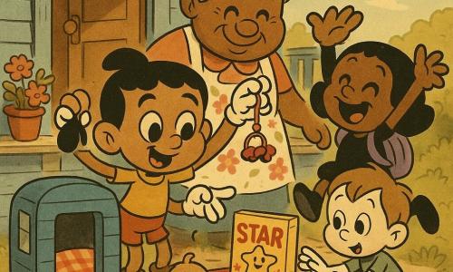 A proud, wide-eyed 4-year-old boy, Leo, holds a red keychain with a toy car and points at a starry cereal box in a small trailer; a kindly elderly grandmother with gray hair in a bun and a floral apron stands behind him with a hand on his shoulder; a joyful 4-year-old girl, Mia, with a bob and a purple backpack jumps nearby, and a shy small boy, Sam (3–5), reaches toward the cereal from beside a blue wooden trailer; a light-brown dog, Biscuit, sniffs a trailer wheel; the scene is on the worn wooden steps of a blue house with potted flowers, a red-and-blue trailer with a checkered cover, and a sunny sky, showing the happy discovery of the starry cereal box in a warm, retro cartoon style with thick outlines suitable for toddlers.