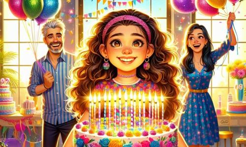 Una niña de 12 años, Lucía, con cabello rizado y ojos brillantes de alegría, está en el centro de una habitación decorada para su cumpleaños. Lleva un vestido colorido con motivos de flores y una sonrisa radiante. A su lado, su mamá, una mujer de unos treinta años con cabello largo y negro, sostiene un gran pastel de cumpleaños decorado con doce velas brillantes. Su papá, un hombre jovial con barba ligera y gafas, está justo detrás, sosteniendo globos de colores que flotan alegremente en el techo. La habitación está llena de guirnaldas multicolores, globos flotantes y una gran mesa con dulces. Lucía, rodeada de su familia, está a punto de soplar las velas de su pastel, con los ojos brillantes de emoción y felicidad, lista para hacer un deseo mágico.
