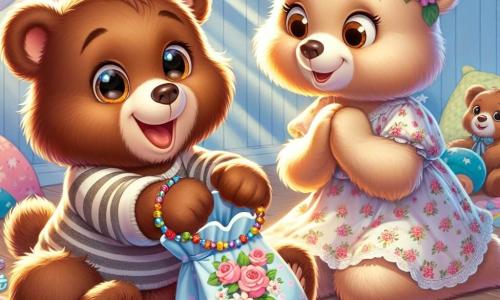 Un piccolo orso bruno di nome Bruno, con un pelage morbido e occhi brillanti di gioia, è seduto su un tappeto colorato, tenendo una bella borsa di carta decorata con fiori. Sorride con entusiasmo, pronto a regalare un dono alla sua mamma. Accanto a lui, Orsa Maria, un'orsa dolce e affettuosa con pelage color crema e occhi lucenti, si inclina in avanti con un sorriso commosso, pronta a ricevere il regalo dal suo cucciolo. La scena si svolge in una camera accogliente, piena di giocattoli colorati e raggi di sole che filtrano da una finestra con tende leggere. Bruno, emozionato, porge la borsa a sua madre per offrirle un braccialetto, simbolo del loro amore, mentre Orsa Maria si avvicina con sorpresa e felicità, pronta a scoprire il tesoro che suo figlio ha preparato per la festa della mamma.