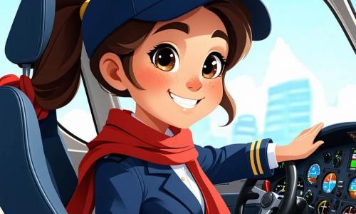 Eine Pilotin, Lara, sitzt im Cockpit eines Flugzeugs und strahlt mit einem großen Lächeln. Sie trägt einen marineblauen Pilotoverall und einen leicht wehenden roten Schal. Ihre braunen Haare sind zu einem Pferdeschwanz gebunden, und ihre Augen funkeln vor Aufregung und Entschlossenheit. Neben ihr schaut ein 8-jähriger Junge mit blauer Kappe und gestreiftem T-Shirt fasziniert aus dem Fenster. Hinter ihnen sitzt eine Gruppe von vier Kindern im Alter von 7 bis 10 Jahren, die alle lächeln und von dem Abenteuer gefesselt sind. Ein Mädchen mit geflochtenen Haaren in einem gelben Kleid hebt die Hand, um eine Frage zu stellen, während ein anderer Junge mit Brille in einem kleinen Notizbuch Notizen macht. Das Cockpit ist mit blinkenden Lichtern und bunten Instrumenten gefüllt, und der Himmel draußen ist strahlend blau mit flauschigen weißen Wolken und fernen Bergen. Lara bereitet den Flug vor und erklärt den Kindern, wie man das Flugzeug steuert, während sie über eine wunderschöne Landschaft fliegen. Die Aufregung und Neugier liegen in der Luft, während sie sich auf ein unvergessliches Abenteuer in den Lüften vorbereiten.