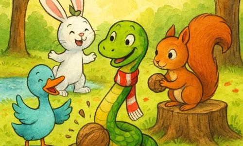 Una serpiente llamada Tito, sonriente y traviesa, con escamas verdes y amarillas y una pequeña bufanda roja y blanca, enrosca la cola para romper una nuez; a la derecha, una ardilla roja en una toconera sostiene la nuez y lo mira con admiración; a la izquierda, un pato azul claro con pico naranja chapotea y aplaude junto a un pequeño estanque; detrás, un conejo blanco de largas orejas salta y ríe; en una clara del bosque soleada con hierba, flores y un lago brillante, saltan trozos de cáscara mientras todos muestran expresiones alegres y cómplices.