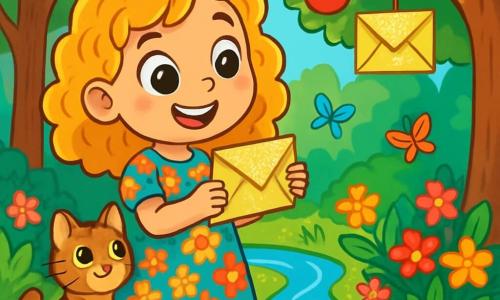 An 8-year-old girl named Lila, with sparkling big eyes and curly golden hair, smiles in wonder while holding a shimmering envelope in her hands. She wears a colorful flower-patterned dress and pink sandals. Next to her, a small tabby cat named Whiskers, with bright green eyes, curiously watches the envelope, its tail wrapped around its paws. The scene is set in an enchanted forest with tall, majestic trees whose leaves shine like emeralds in the sun. A sparkling stream winds through the ground, with colorful fish joyfully jumping out of the water. The main situation shows Lila discovering the magical envelope hanging from a branch of an old apple tree, surrounded by vibrant flowers and fluttering butterflies, as sunlight filters through the leaves, creating a fairy-tale and joyful atmosphere.