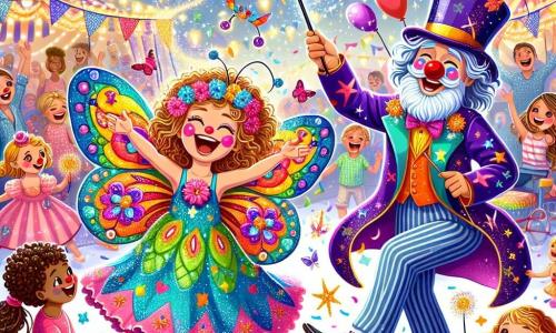 Uma menina de 4 anos, Lila, com grandes olhos brilhantes e cabelos cacheados, veste um lindo traje de borboleta colorida, cheio de padrões de flores e borboletas. Ela dança alegremente, com um grande sorriso no rosto, cercada por confetes coloridos que caem do céu. Ao lado dela, um palhaço alegre, de cerca de 30 anos, com um grande nariz vermelho e cabelos multicoloridos, faz caretas enquanto jongla com balões. Ele ri e dança, acrescentando um toque de magia à cena. Um pouco mais longe, um mágico de cerca de 50 anos, com uma longa barba branca e um chapéu alto, segura uma varinha mágica e faz estrelas cintilantes aparecerem no ar, cativando a atenção das crianças ao seu redor. O local é um parque vibrante de cores, cheio de decorações de carnaval: guirlandas de flores, balões flutuantes e luzes brilhantes. Famílias e crianças se divertem, dançam e riem, criando uma atmosfera festiva e alegre. A cena principal mostra Lila, o palhaço e o mágico no coração da festa, dançando juntos sob um céu azul, cercados de risos e magia, ilustrando o espírito alegre e encantador do carnaval.