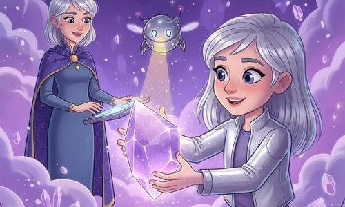 Luna, een ongeveer 11-jarig meisje, vrolijk en verwonderd, met halflang zilverachtig haar en grote blauwviolette ogen, draagt een zilverkleurig jasje en reikt naar een groot paars kristal dat zacht gloedt; Nova, een klein vliegend robotje als een zilveren bol met doorschijnende vleugels en gekleurde LED's, zweeft erbij en richt een gouden lichtstraal op het kristal; Luna's moeder, circa 38 jaar, in een lange sterrencape kijkt trots vanaf de achterkant van het schip met een hand op een verlicht paneel; locatie: paarse etherwolk in de ruimte met drijvende kristallen, fonkelende deeltjes en vage sterren, voorkant van het kleine schip Zilverflits zichtbaar met panelen en kabels; hoofdactie: Luna en Nova raken samen het kristal aan dat in zilver-purpurtinten en regenboogkleuren oplicht en een zachte explosie van lichtdeeltjes veroorzaakt, magische, warme sfeer, compositie gericht op Luna's hand en het kristal, zacht licht met levendige cel-shadingcontrasten.