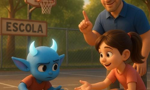 Luma, pequeno personagem fantástico infantil com duas tufas brilhantes e orelhas pontudas, expressão tímida e determinada, tenta driblar uma grande bola laranja com as mãos perto da bola e joelhos ligeiramente flexionados; Sara, garota humana sorridente de cabelo castanho em rabo de cavalo, agachada ao lado, confiante e incentivadora, estende a mão para devolver a bola; o professor Davi, adulto calmo de porte médio com camiseta azul, fica na beira da quadra com o dedo levantado mostrando a técnica, rosto benevolente; a pátio da escola é uma pequena área asfaltada com cesta de basquete metálica, tabela de madeira pintada, cerca de tela, marcações brancas no chão e árvores de folhas verdes ao fundo sob luz suave do fim de tarde; situação principal: Luma aprende a driblar sob o olhar encorajador de Sara e do professor, a bola quica com “pum” visível em pequenas ondas gráficas, clima alegre e acolhedor.